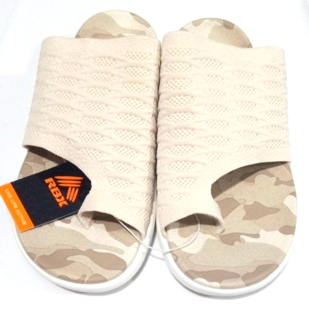 RBX CAMO BEIGE MESH STRETCH RING TOE SLIDE MULES SANDALS SIZE 10 NWT